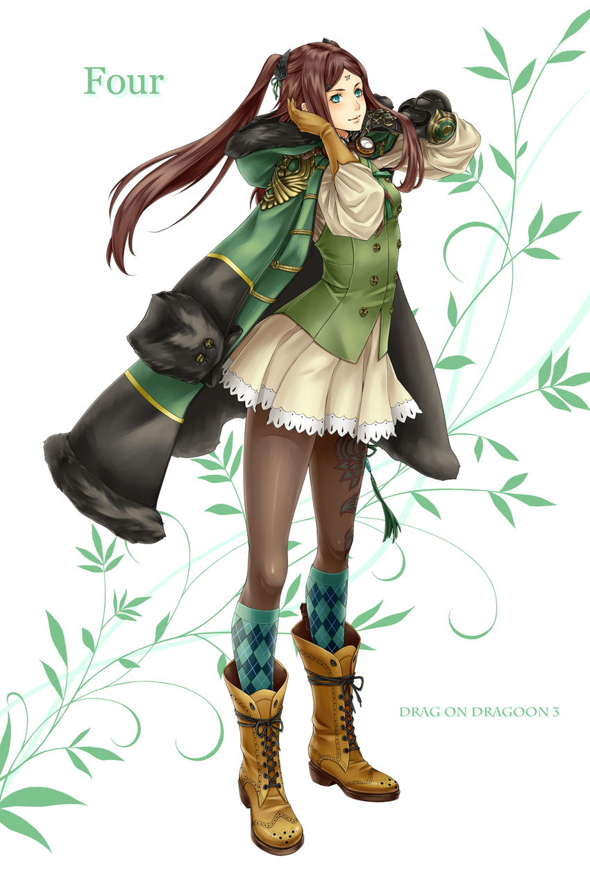 absurdres asymmetrical_gloves asymmetrical_legwear bad_id bad_pixiv_id boots brown_hair character_name copyright_name cross-laced_footwear drag-on_dragoon drag-on_dragoon_3 facial_mark forehead_mark four_(drag-on_dragoon) fur_trim gauntlets gloves green_eyes highres jacket_on_shoulders long_hair pantyhose pleated_skirt skirt smile socks_over_pantyhose solo twintails yumeoti