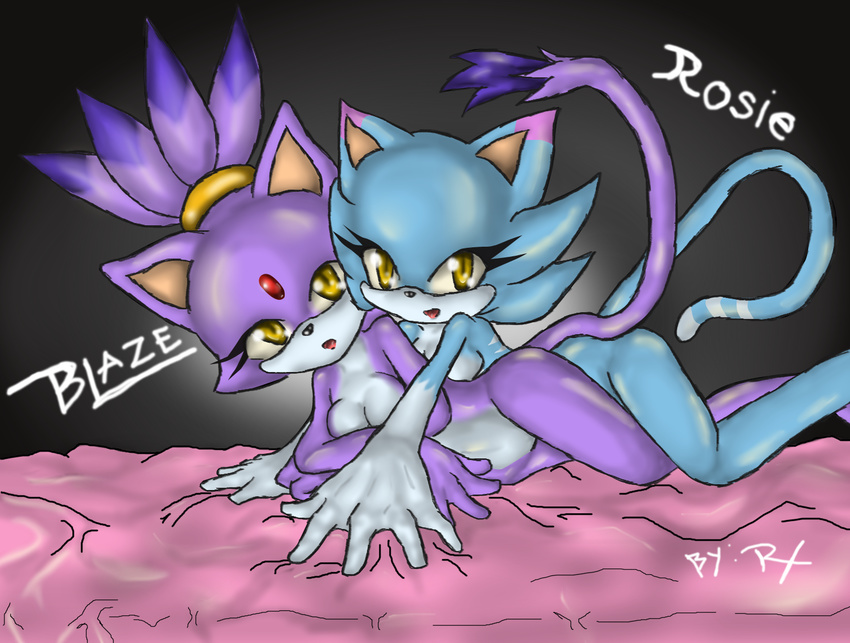 blaze_the_cat blue_fur cat duo feline female fur lesbian looking_at_viewer lying mammal on_side open_mouth original_character purple_fur rx-wolfblade sega sonic_(series) yellow_eyes