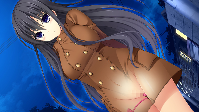 1girl aoi_suzuka black_hair blue_eyes censored coat discreet_vibrator game_cg highres kagura_yuu long_hair otonari_koi_sensou! sugar_house vibrator vibrator_under_clothes x-ray