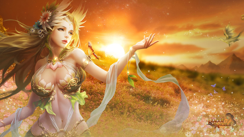 blonde_hair breasts brown_eyes bug butterfly copyright_name dragon flower hair_ornament highres insect large_breasts league_of_angels realistic rike_lee solo