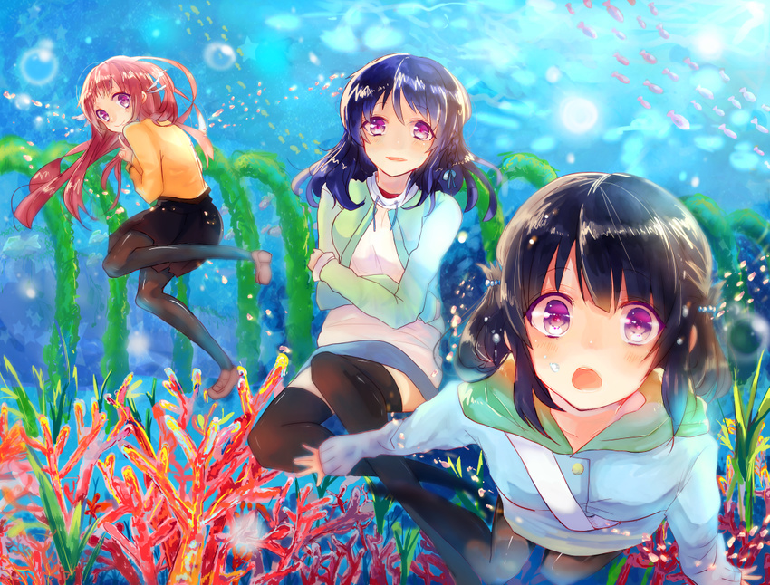 black_hair blue_hair brown_hair coral folded_hair hair_rings hiradaira_chisaki hood hoodie long_hair mukaido_manaka multiple_girls nagi_no_asukara pantyhose pink_eyes school_uniform shiodome_miuna tamano_mayo thighhighs twintails underwater