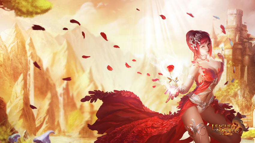 breasts copyright_name flower hair_ornament highres large_breasts league_of_angels petals realistic red_eyes red_flower red_hair red_rose rike_lee rose rose_petals solo