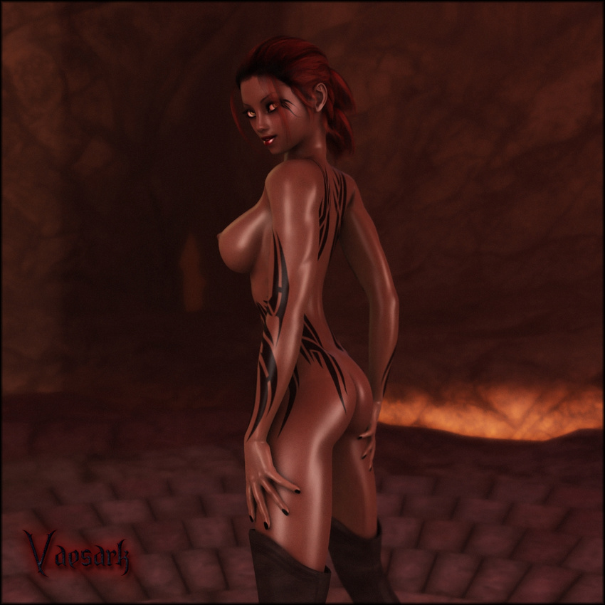 3d ass breasts dark_skin large_breasts midriff nude red_hair sword tattoo vaesark
