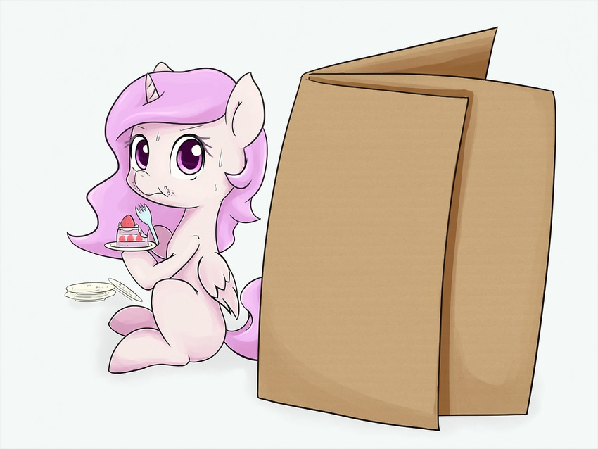 box cake caught cub equine food fork friendship_is_magic fur hair holding horn horse looking_at_viewer mammal my_little_pony plain_background plate princess_celestia_(mlp) sitting solo sweat white_background white_fur winged_unicorn wings young zokkili