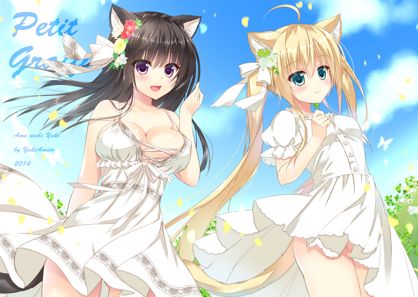 :d ahoge ameto_yuki animal_ear_fluff animal_ears anzu_cocoa aqua_eyes bare_shoulders black_hair blonde_hair bow breasts bug butterfly cat_ears cat_tail chocomint_(ameto_yuki) cleavage day dress flower hair_bow hair_flower hair_ornament insect large_breasts long_hair looking_at_viewer multiple_girls no_panties open_mouth original petals puffy_short_sleeves puffy_sleeves purple_eyes short_sleeves sky smile strap_gap sundress tail twintails white_dress wind