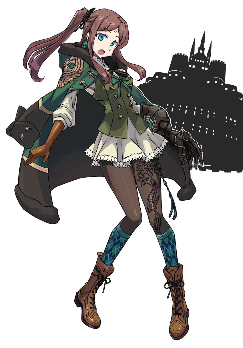 asymmetrical_gloves asymmetrical_legwear boots brown_hair buttons cross-laced_footwear drag-on_dragoon drag-on_dragoon_3 earrings facial_mark forehead_mark four_(drag-on_dragoon) gauntlets gloves green_eyes highres jacket_on_shoulders jewelry long_hair open_mouth pantyhose revo_(artist) side_ponytail skirt socks_over_pantyhose solo