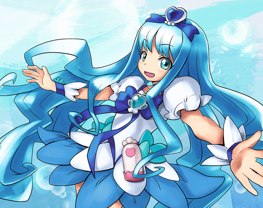 blue blue_background blue_eyes blue_hair blue_skirt bow brooch cure_marine hair_ornament hairpin heartcatch_precure! hirosato jewelry kurumi_erika long_hair magical_girl outstretched_arms precure puffy_sleeves ribbon skirt smile solo spread_arms wrist_cuffs