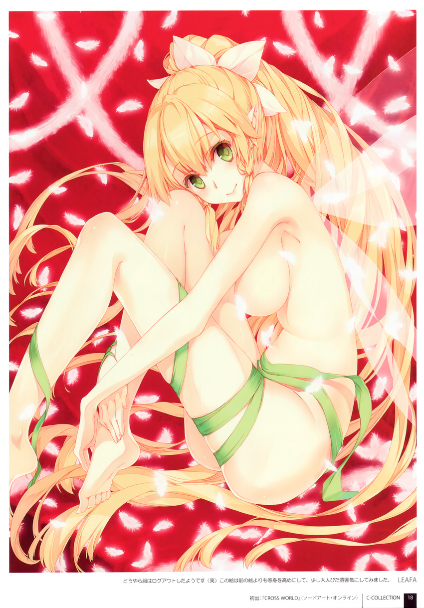 absurdres barefoot blonde_hair breasts elf fairy fairy_wings feathers feet green_eyes green_ribbon highres large_breasts leafa long_hair looking_at_viewer naked_ribbon nude pointy_ears ponytail ribbon sideboob sitting smile solo sword_art_online translation_request very_long_hair wings yashiro_seika