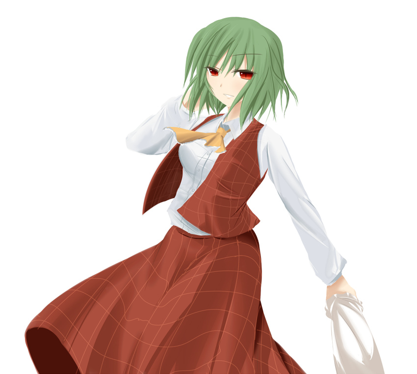 adjusting_hair ascot closed_umbrella green_hair kazami_yuuka plaid plaid_skirt plaid_vest red_eyes rexlent short_hair simple_background skirt skirt_set slit_pupils smile solo touhou umbrella vest white_background