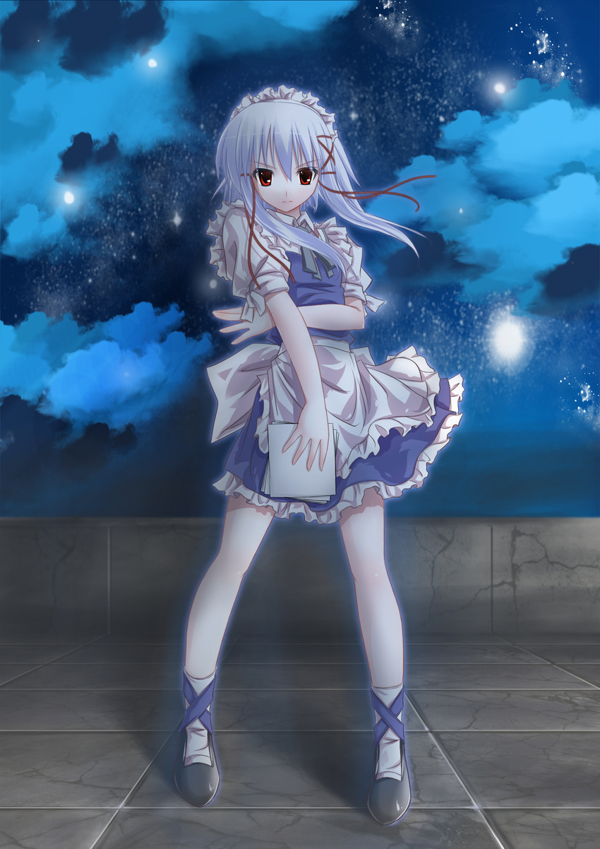 blue_hair cosplay hands highres izayoi_sakuya izayoi_sakuya_(cosplay) legs maid morimiya_aono night night_sky paper red_eyes silver_hair sky sola solo touhou zero_saber