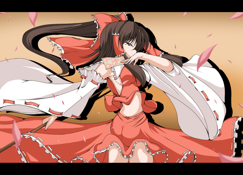 black_hair brown_hair detached_sleeves hakurei_reimu letterboxed long_hair ribbon shirosuzu solo touhou