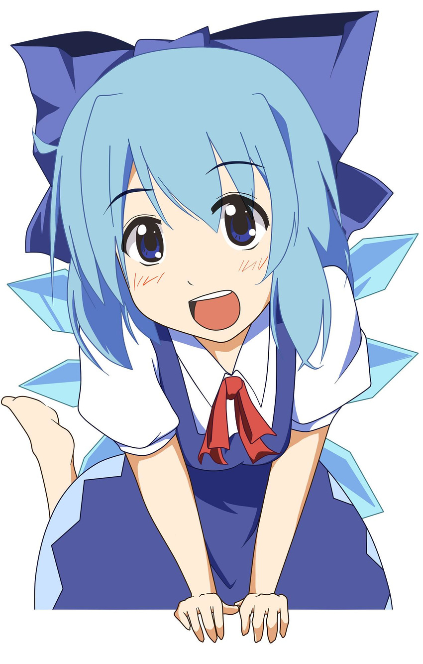 arm_support barefoot blue_eyes blue_hair blush cirno highres jpeg_artifacts open_mouth pman_(kazumi) simple_background smile solo touhou wings