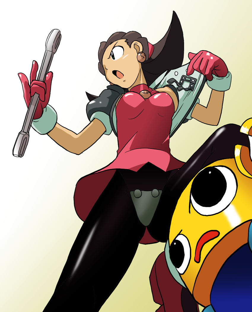 crotch_plate from_below hair_pulled_back highres kakkii kobun pantyhose rockman rockman_dash tron_bonne upskirt