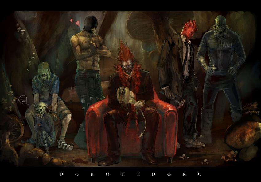 4boys armchair bad_id bad_pixiv_id chair chota dorohedoro eating ebisu_(dorohedoro) en_(dorohedoro) formal fujita_(dorohedoro) hammer heart highres kikurage_(dorohedoro) mask multiple_boys multiple_girls muscle mushroom necktie no_eyebrows noi_(dorohedoro) sae_(revirth) shin_(dorohedoro) sitting skull suit topless