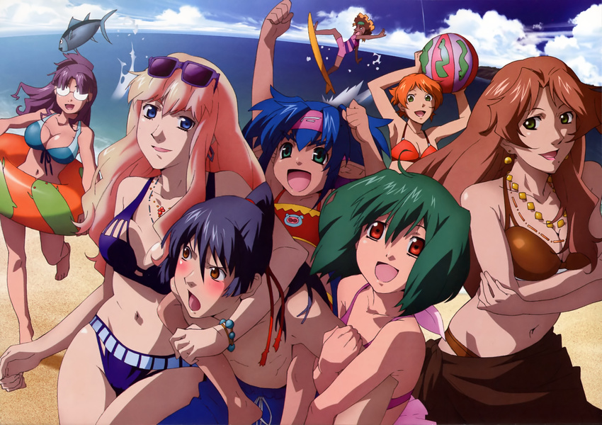 6+girls :d absurdres ball beach beachball bikini blue_eyes blue_hair blush bobby_margot breasts brown_eyes catherine_glass child cleavage day glasses green_eyes green_hair highres innertube klan_klein large_breasts long_hair macross macross_frontier matsuura_nanase medium_breasts megami meltrandi monica_lang multiple_boys multiple_girls navel official_art opaque_glasses open_mouth outdoors pointy_ears purple_hair ranka_lee saotome_alto scan sheryl_nome short_hair smile sunglasses swimsuit takahashi_yuuichi zentradi