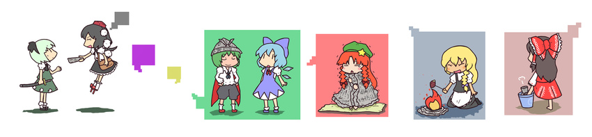 apron barefoot blonde_hair blue_hair blush_stickers bow braid brown_hair bucket cape chibi cirno closed_eyes dress fire food from_behind geta green_hair hair_bow hair_tubes hakurei_reimu hands_on_hips happy hat highres hong_meiling ice inishie kirisame_marisa konpaku_youmu long_image multiple_girls newspaper no_hat no_headwear open_mouth orange_hair paper_hat paper_kabuto potato shadow shameimaru_aya sitting star sweet_potato sword tears tengu-geta tokin_hat touhou trash trash_can trembling twin_braids waist_apron weapon wide_image wings wriggle_nightbug