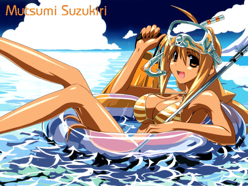 afloat artist_request bikini blonde_hair brown_eyes copyright_request day diving_mask flippers innertube long_hair non-web_source snorkel solo swimsuit tan