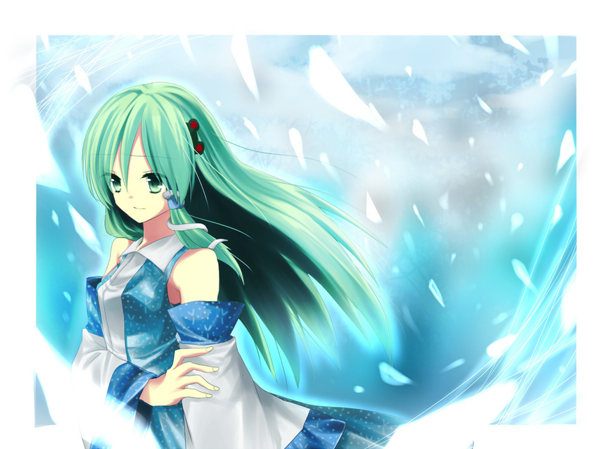 bad_id bad_pixiv_id detached_sleeves frog green_eyes green_hair kanaritu kochiya_sanae long_hair solo touhou