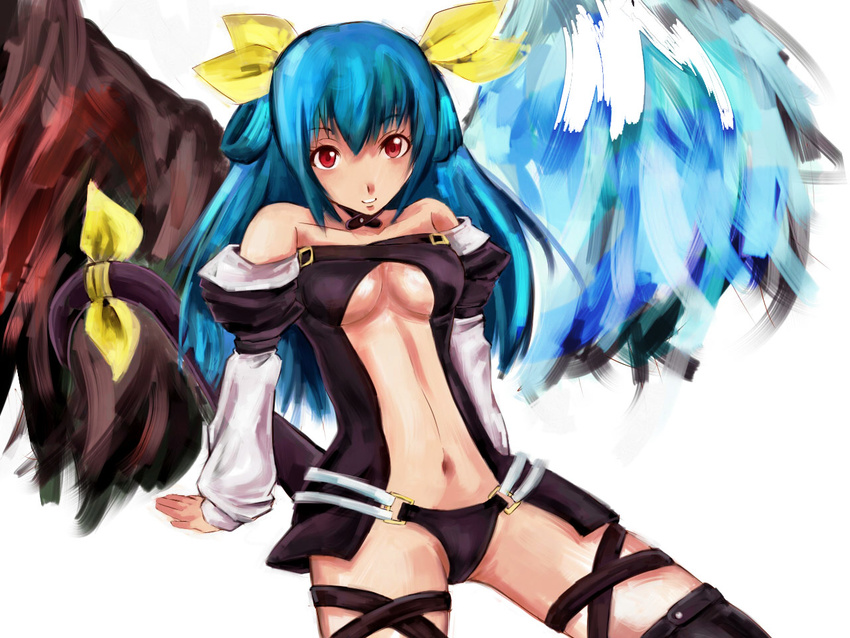 asymmetrical_wings blue_hair bow breasts dizzy guilty_gear hair_bow jyairo long_hair medium_breasts midriff navel red_eyes ribbon sitting solo tail tail_ribbon thighhighs underboob wings