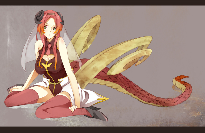 :&lt; bad_id bad_pixiv_id breasts cleavage dragon_girl dragon_tail earrings green_eyes horns jewelry large_breasts letterboxed long_hair monster_girl nanao_(mahaya) necktie original pink_hair red_hair sitting solo tail thighhighs wariza