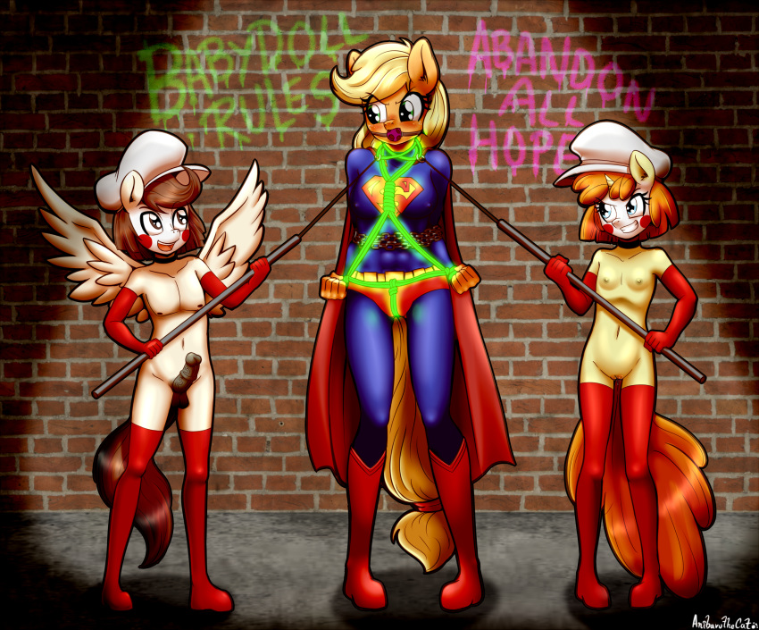 2018 aged_up anibaruthecat anthro anthrofied applejack_(mlp) armwear balls bdsm bondage bound breasts clothing dc_comics dee_dee digital_media_(artwork) equine erection female friendship_is_magic girly graffiti group hair hi_res horn legwear long_hair male mammal my_little_pony nipples open_mouth pegasus penis pound_cake_(mlp) pumpkin_cake_(mlp) pussy superman thigh_highs unicorn vein wings young