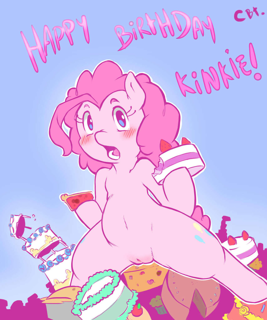 blue_eyes blush cake cold-blooded-twilight cutie_mark dessert english_text equine female feral food friendship_is_magic fur hair horse looking_at_viewer mammal my_little_pony nude open_mouth pie pink_fur pink_hair pinkie_pie_(mlp) plain_background pony pussy solo strawberry text