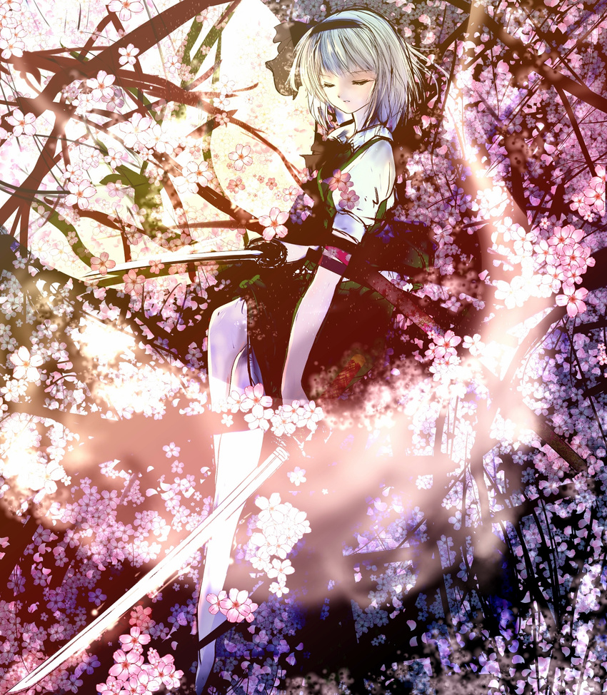 cherry_blossoms closed_eyes eyelashes full_moon hair_ribbon highres in_tree katana konpaku_youmu konpaku_youmu_(ghost) moon nyago parted_lips puffy_short_sleeves puffy_sleeves ribbon short_hair short_sleeves silver_hair sitting sketch skirt skirt_set solo sword touhou tree tree_branch unsheathed wakizashi weapon