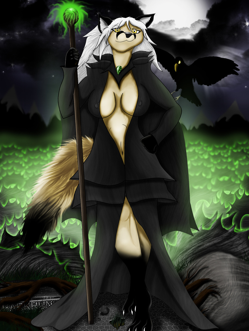 avian breasts canine dress forest fox hairs harkrun invalid_color invalid_tag kristen magic_user maleficent mammal moon mountain night polearm raven rock roots sky staff stars thorns tree wand witch