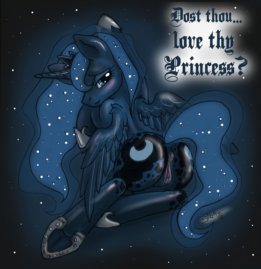 anus blue_eyes blue_fur blue_hair butt crown cutie_mark dialog english_text equine female feral friendship_is_magic fur hair half-closed_eyes hindpaw hooves horn horse horseshoe looking_at_viewer mammal my_little_pony paws princess_luna_(mlp) pussy skuttz solo text winged_unicorn wings
