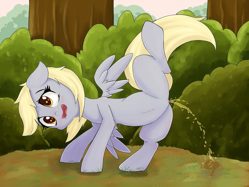 derpy_hooves_(mlp) equine female feral friendship_is_magic fur grass grey_fur hair horse mammal my_little_pony one_leg_up open_mouth outside peeing pegasus pony pussy solo spread_legs spreading tree urine wings zokkili