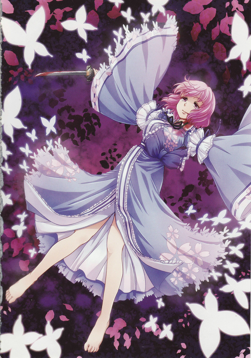 absurdres barefoot blood bug butterfly cherry_blossoms floral_print flower highres insect japanese_clothes lying mikagami_hiyori no_hat no_headwear petals pink_eyes pink_hair ribbon saigyouji_yuyuko saigyouji_yuyuko_(living) scan short_hair solo suicide sword touhou weapon wide_sleeves