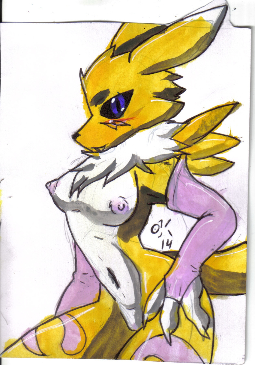 black_sclera blue_eyes breasts chest_tuft claws digimon facial_markings female fur glove looking_at_viewer markings navel nipples obi-kun open_mouth renamon tuft