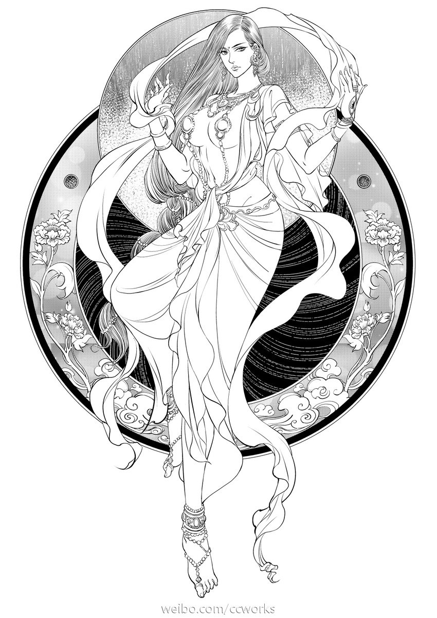 anklet barefoot barefoot_sandals battle_tendency bindi breasts cloak greyscale hagoromo highres indian jewelry jojo_no_kimyou_na_bouken large_breasts lineart lisa_lisa monochrome scarf seyo shawl solo toe_ring watermark web_address