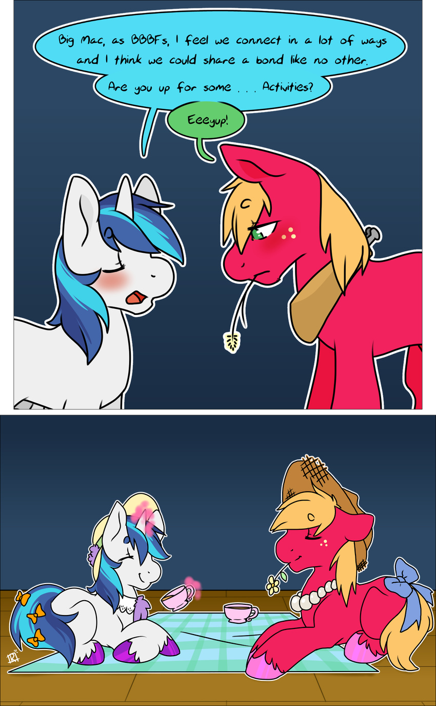 blonde_hair blue_hair blush bow comic duo english_text equine eyes_closed feral flower freckles friendship_is_magic fur green_eyes hair hat horn horse male mammal multi-colored_hair my_little_pony necklace open_mouth pearl_necklace pony red_fur shining_armor_(mlp) simple_background sinclair2013 smile text translucent unicorn white_fur