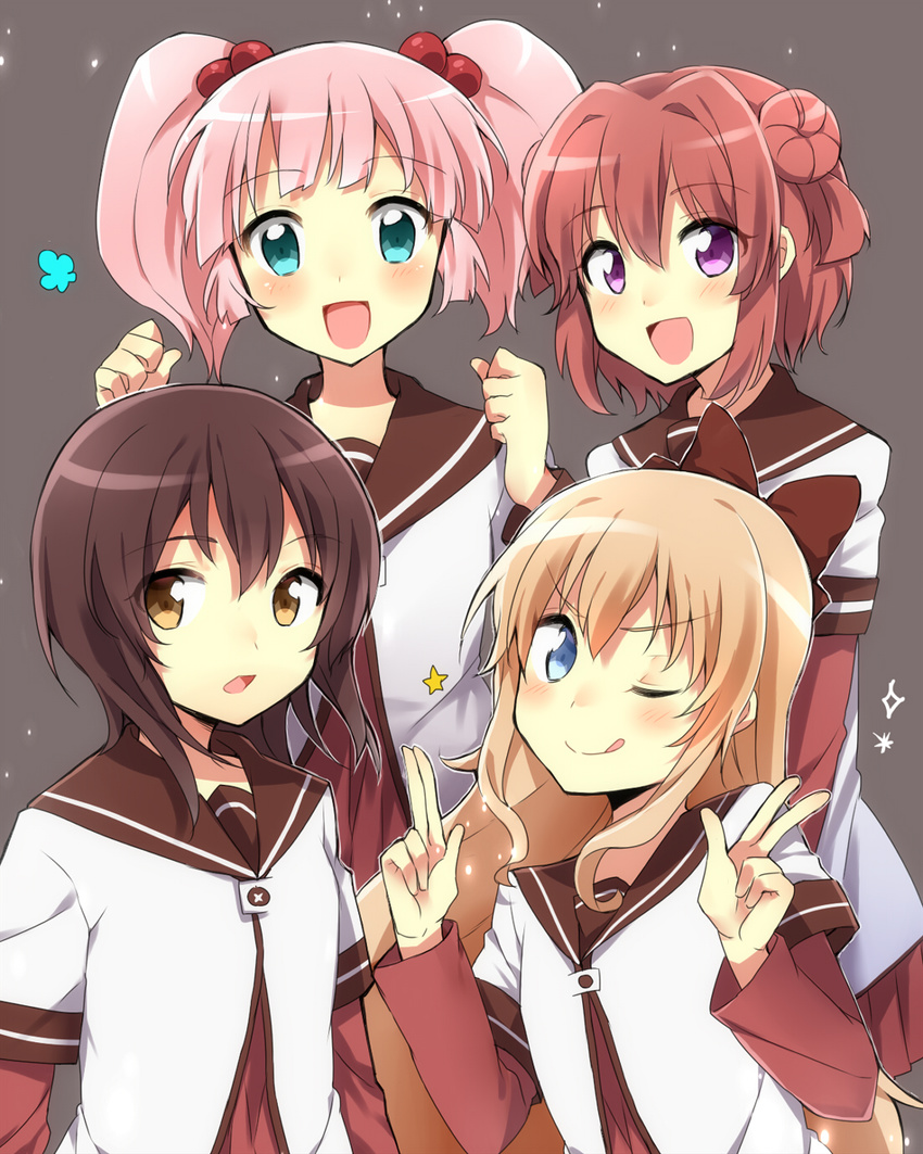 &gt;:) :q ;) akaza_akari blonde_hair blue_eyes blush bow brown_eyes brown_hair double_bun funami_yui hair_bobbles hair_bow hair_ornament highres long_hair multiple_girls nanamori_school_uniform one_eye_closed open_mouth pink_hair purple_eyes red_hair saibi school_uniform serafuku short_hair smile tongue tongue_out toshinou_kyouko v v-shaped_eyebrows yoshikawa_chinatsu yuru_yuri