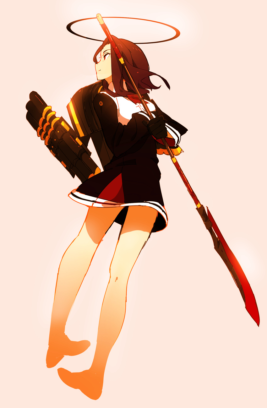 bare_legs glaive gloves halo highres kantai_collection md5_mismatch onioohashi pink_background polearm red_eyes short_hair sketch solo tatsuta_(kantai_collection) weapon