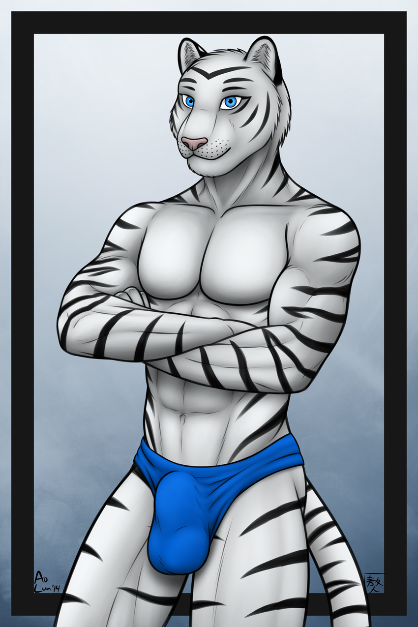 abs anthro aolun aolun_(artist) biceps black_fur blue_eyes body_markings bulge crossed_arms feline fur grin looking_at_viewer male mammal markings muscles pecs pink_nose pose smile solo speedo standing stripes swimsuit tiger toned topless underwear white_fur white_tiger