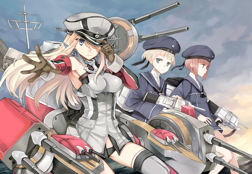 bismarck_(kantai_collection) blonde_hair blue_eyes breasts brown_eyes brown_hair cannon clothes_writing detached_sleeves dress gloves grey_legwear hao_(patinnko) hat highres kantai_collection long_hair looking_at_viewer medium_breasts military military_hat military_uniform multiple_girls peaked_cap sailor_collar sailor_dress sailor_hat short_hair silver_hair thighhighs uniform weapon z1_leberecht_maass_(kantai_collection) z3_max_schultz_(kantai_collection)