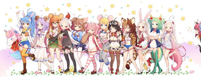 2014 6+girls absurdres animal_ears animal_print bird blush braid breasts budget_sarashi bunny_ears bunny_girl byulzzimon cat_ears cat_girl cat_tail chick chinese_zodiac cleavage cow_ears cow_girl cow_horns cow_tail cutoffs dog_ears dog_girl dog_tail dragon_horns dragon_tail dress eyepatch goat_ears goat_horns gradient_hair heart highres hobby_horse horns horse_ears horse_girl horse_tail long_hair medium_breasts midriff monkey_ears monkey_girl monkey_tail mouse_ears mouse_girl mouse_tail multicolored_hair multiple_girls one-piece_swimsuit open_mouth original overalls pantyhose pig_ears pig_girl pig_tail sarashi short_hair shorts signature small_breasts smile star striped striped_legwear swimsuit tail tears thighhighs tiger_ears tiger_girl tiger_print tiger_tail twin_braids two-tone_hair underboob wings