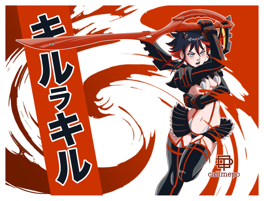 artist_name bad_deviantart_id bad_id black_hair blush boots breasts call_me_po hairpods highres kill_la_kill matoi_ryuuko medium_breasts microskirt multicolored_hair red_hair revealing_clothes scissor_blade senketsu short_hair skirt suspenders thigh_boots thighhighs two-tone_hair underboob weapon