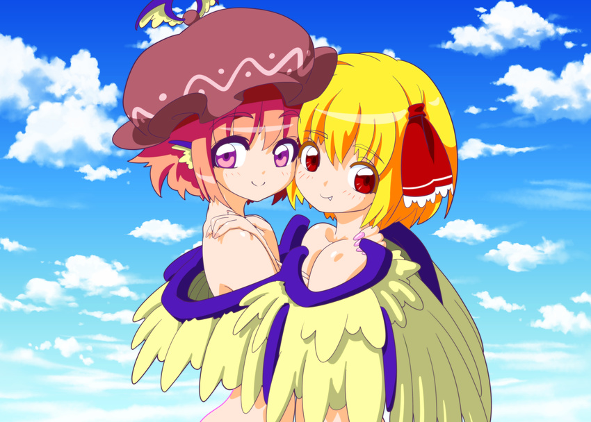 :&gt; absurdres animal_ears blonde_hair cheek-to-cheek cloud commentary_request day fang feconf hair_ribbon hand_on_another's_shoulder hat highres hug multiple_girls mystia_lorelei nude orange_hair pink_eyes purple_eyes red_eyes ribbon rumia short_hair sky smile touhou tress_ribbon wing_hug wings yuri