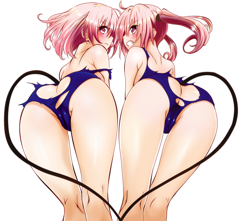 angry ass ass_cutout bent_over blush butt_crack cameltoe clenched_teeth colorized face-to-face from_behind frown heart heart_tail highres kneepits legs long_hair looking_at_viewer looking_back momo_velia_deviluke multiple_girls nana_asta_deviluke parted_lips pink_eyes pink_hair school_swimsuit short_hair siblings sisters swimsuit tail tail_slit_clothes take_your_pick teeth to_love-ru torn_clothes torn_swimsuit transparent_background twins twintails yabuki_kentarou