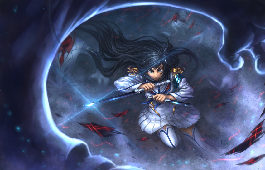 black_hair blue_eyes dual_wielding epaulettes hair_ornament hairclip holding junketsu katana kill_la_kill kiryuuin_satsuki long_hair reverse_grip skirt string sword tatsuya_(atelier_road) thighhighs wakizashi weapon