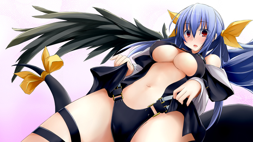 blue_hair blush breasts dd_mayohara dizzy guilty_gear hair_ribbon highres large_breasts long_hair navel open_mouth red_hair ribbon solo tail tail_ribbon thigh_strap underboob wings