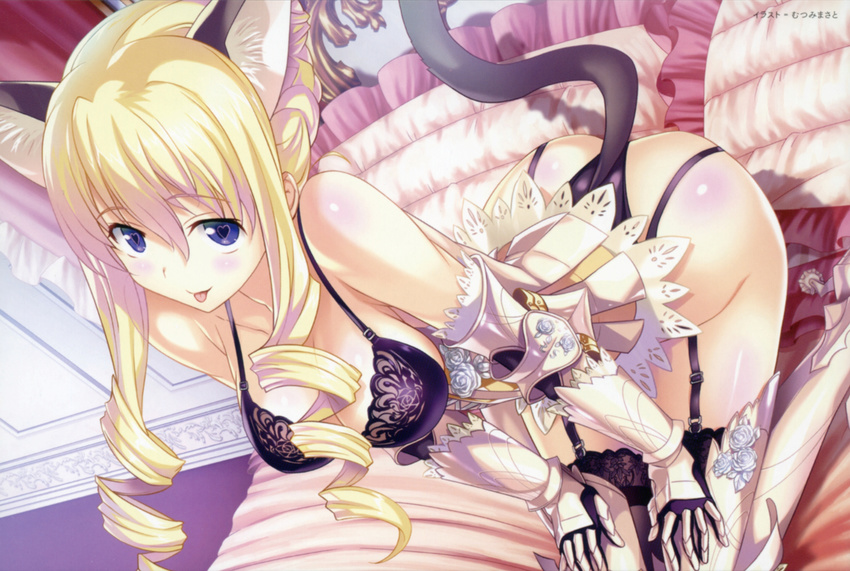 1girl :p animal_ears ass bed bertille_althusser black_bra black_legwear blonde_hair blue_eyes bra breasts cat_ears cat_tail cleavage drill_hair garter_straps greaves heart heart-shaped_pupils highres lace lace-trimmed_thighhighs long_hair mutsumi_masato solo symbol-shaped_pupils tail thighhighs tongue tongue_out twin_drills underwear very_long_hair walkure_romanze