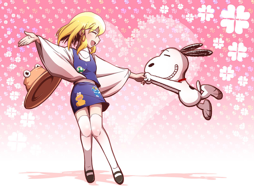 blonde_hair chamupei charles_schulz_(style) closed_eyes commentary dog dokonjou_gaeru froakie gen_6_pokemon grin hair_ribbon hat hat_removed headwear_removed heart keroro keroro_gunsou long_sleeves moriya_suwako open_mouth outstretched_arms peanuts pink_background pokemon pokemon_(creature) ribbon shirt skirt skirt_set smile snoopy thigh_gap thighhighs touhou vest white_legwear wide_sleeves zettai_ryouiki