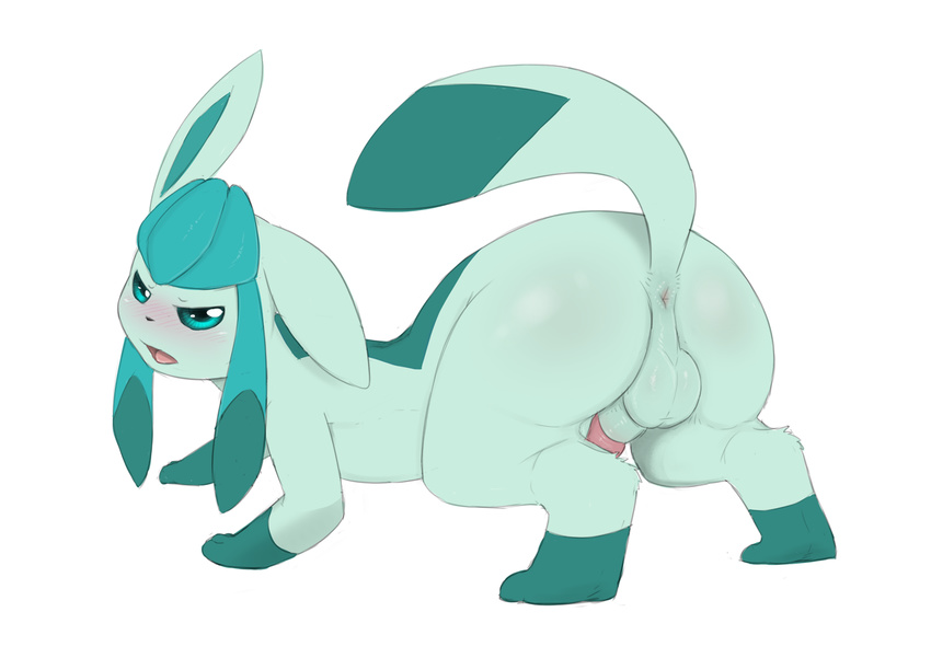 balls blush butt dreiker eeveelution erection feral glaceon looking_at_viewer looking_back male nintendo nude penis plain_background pok&#233;mon pok&eacute;mon presenting presenting_hindquarters raised_tail solo video_games white_background