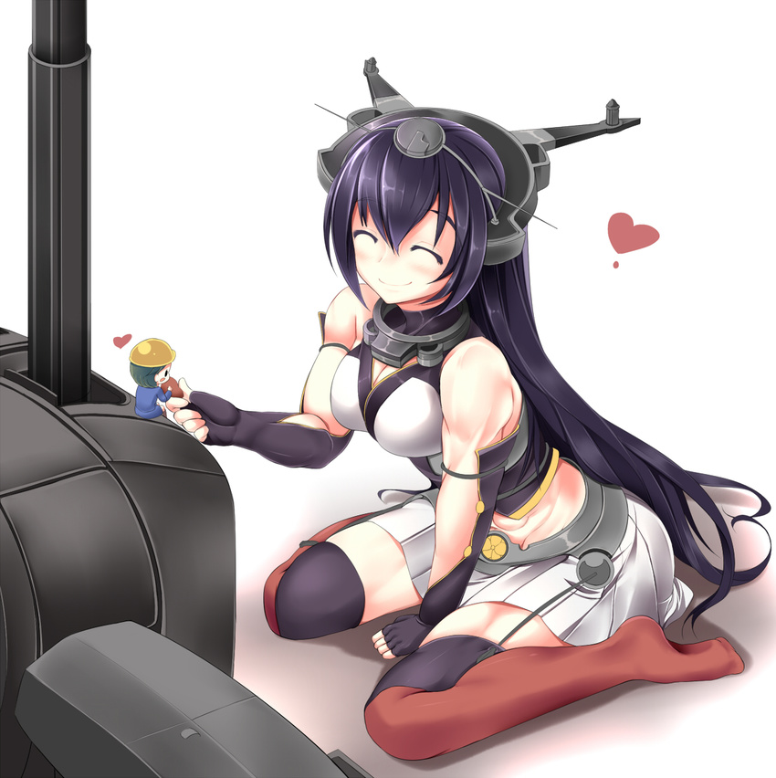 abs black_hair blush breasts cleavage closed_eyes commentary_request fairy_(kantai_collection) heart helmet_musume_(kantai_collection) highres kantai_collection large_breasts long_hair muscle nagato_(kantai_collection) sitting sleeveless smile solo sukage very_long_hair wariza white_background
