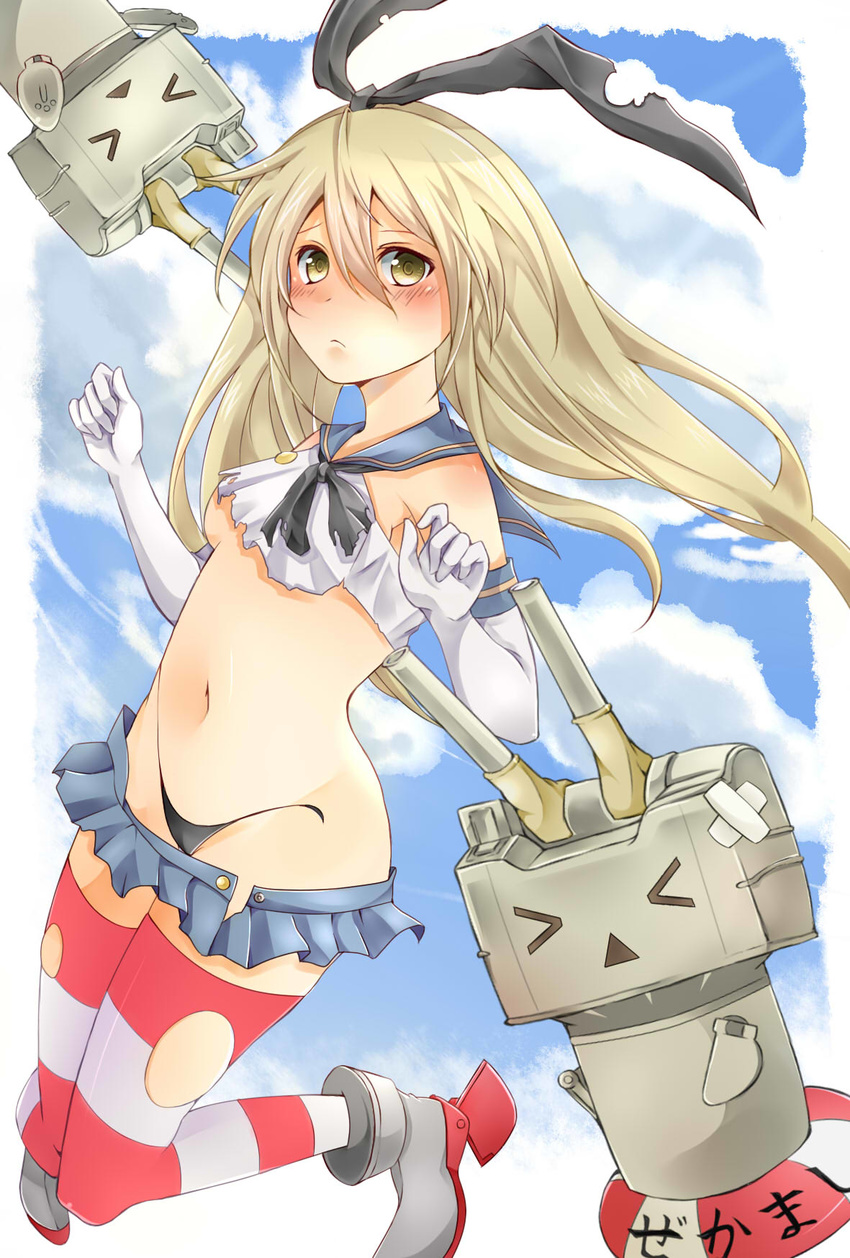 &gt;_&lt; bad_id bad_pixiv_id black_panties blonde_hair blush breasts brown_eyes closed_eyes cloud cloudy_sky day elbow_gloves gloves hairband highres kantai_collection lifebuoy long_hair looking_at_viewer mine1225 navel panties rensouhou-chan shimakaze_(kantai_collection) skirt sky small_breasts striped striped_legwear thighhighs torn_clothes torn_legwear underwear white_gloves