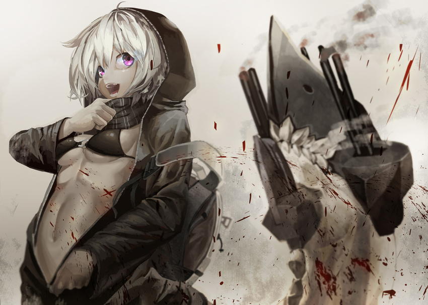 ahoge backpack bad_id bad_pixiv_id bag blood cannon highres hood kantai_collection kirii long_sleeves navel open_mouth pale_skin pink_eyes re-class_battleship scarf shinkaisei-kan silver_hair solo tail teeth turret weapon